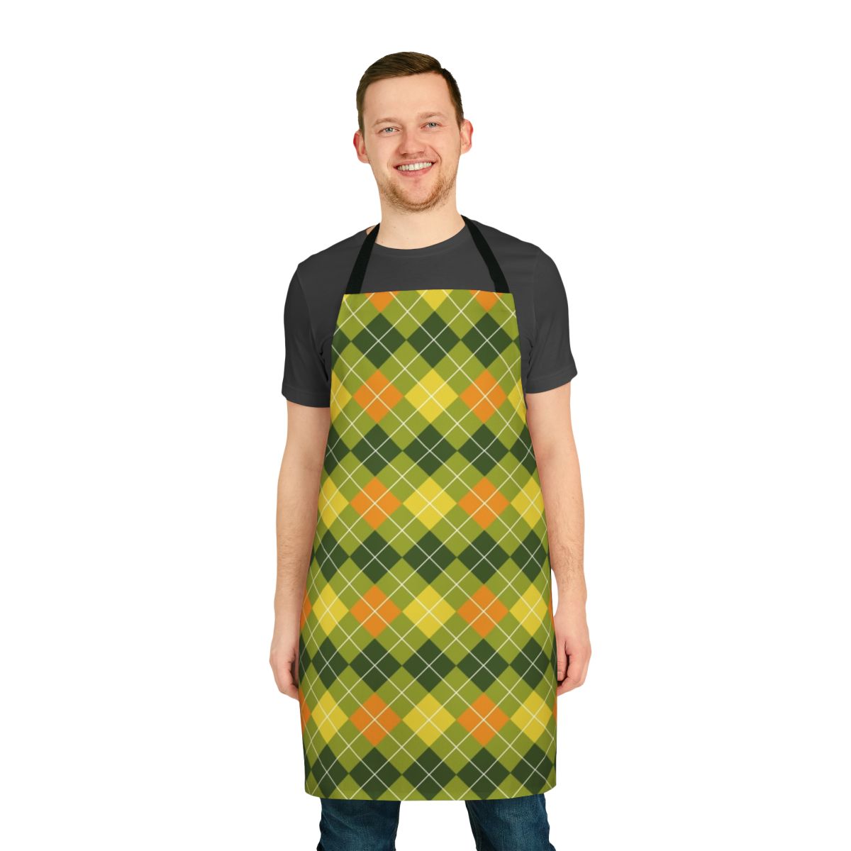 A vibrant argyle patterned apron in shades of yellow, green, and orange.