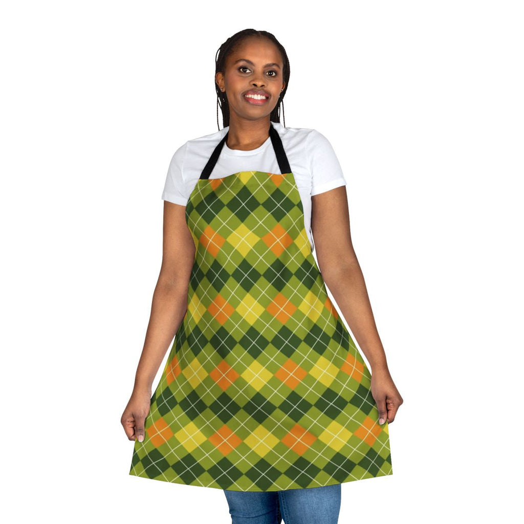 A vibrant argyle patterned apron in shades of yellow, green, and orange.