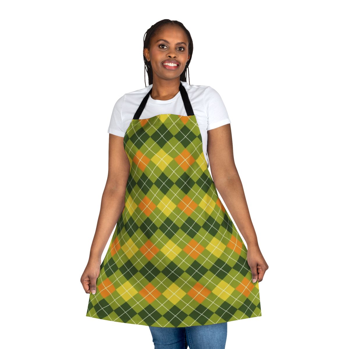 A vibrant argyle patterned apron in shades of yellow, green, and orange.