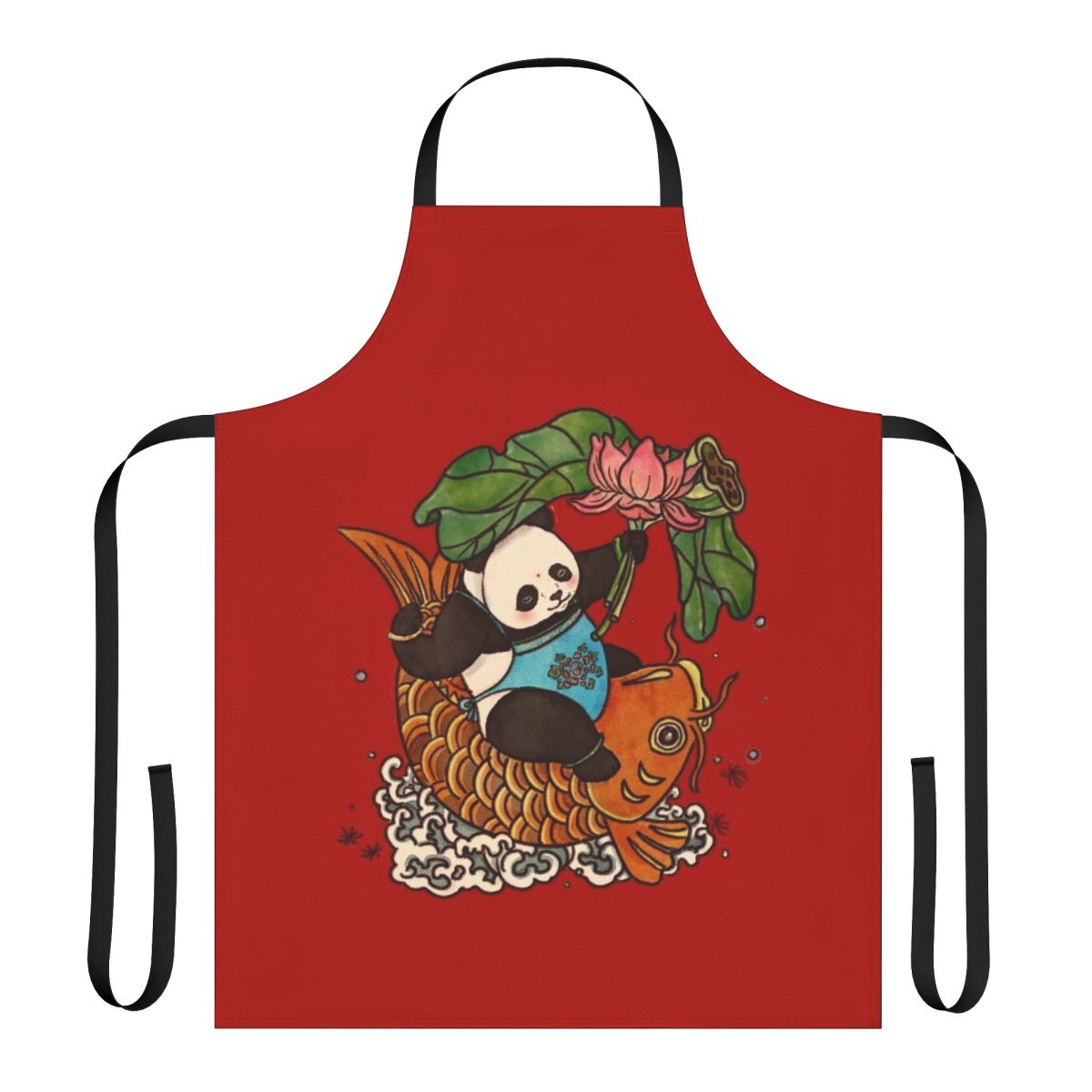 Patterned apron with panda, lotus, and other Asian-inspired designs