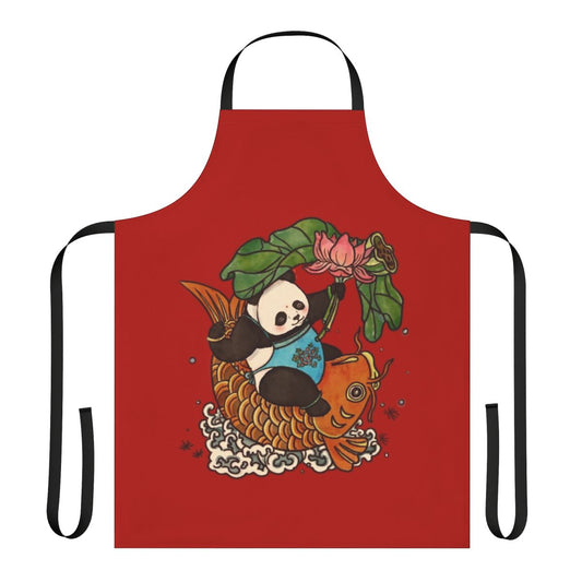 Patterned apron with panda, lotus, and other Asian-inspired designs