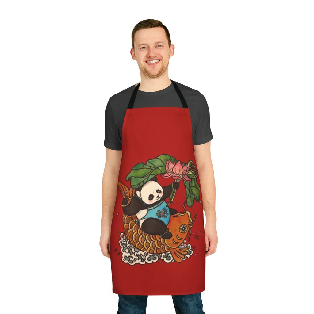 Patterned apron with panda, lotus, and other Asian-inspired designs