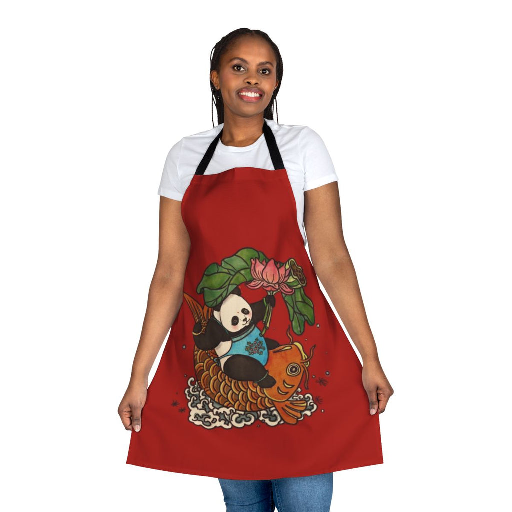 Patterned apron with panda, lotus, and other Asian-inspired designs
