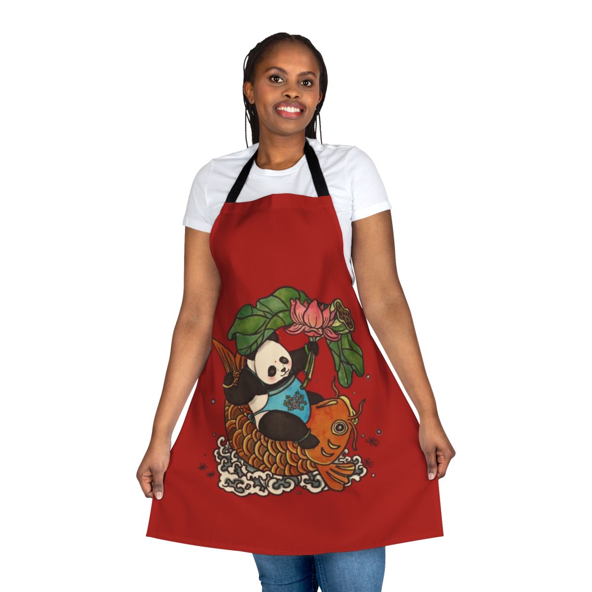 Patterned apron with panda, lotus, and other Asian-inspired designs