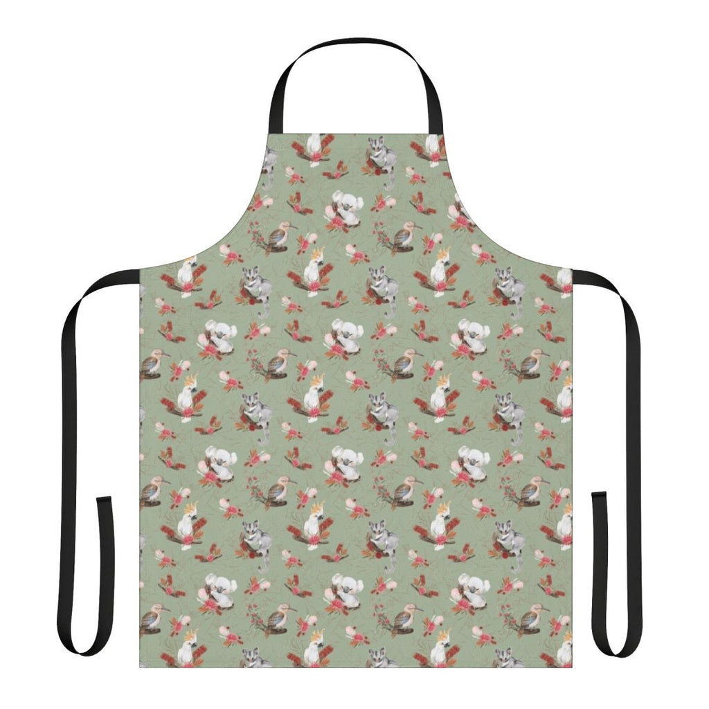 Colorful apron featuring Australian native flora and fauna including eucalyptus, kookaburra, cockatoo, and other iconic Australian wildlife and plants.