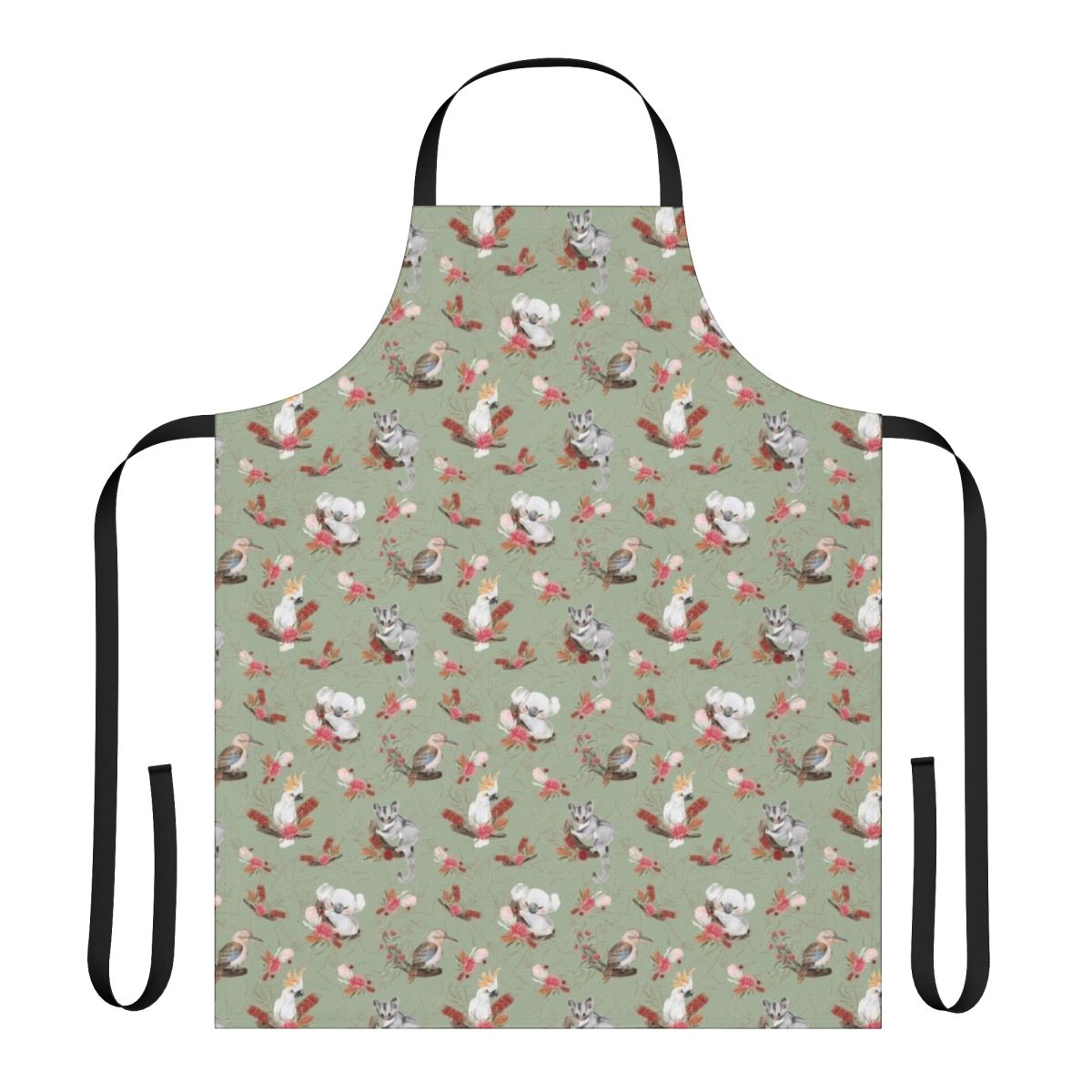 Colorful apron featuring Australian native flora and fauna including eucalyptus, kookaburra, cockatoo, and other iconic Australian wildlife and plants.