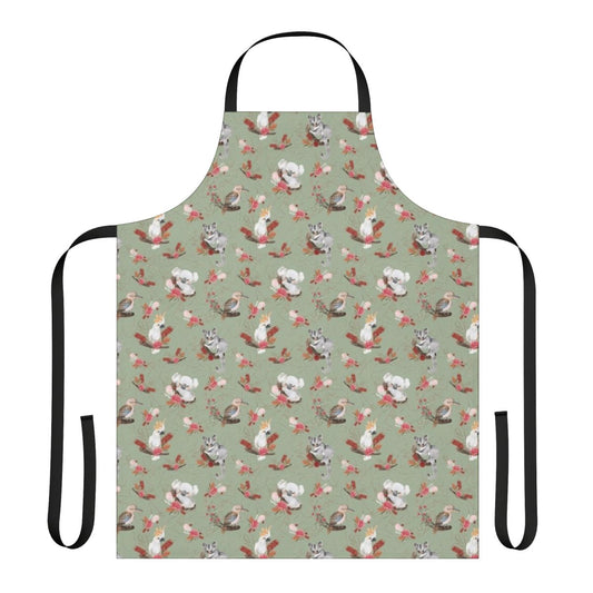 Colorful apron featuring Australian native flora and fauna including eucalyptus, kookaburra, cockatoo, and other iconic Australian wildlife and plants.