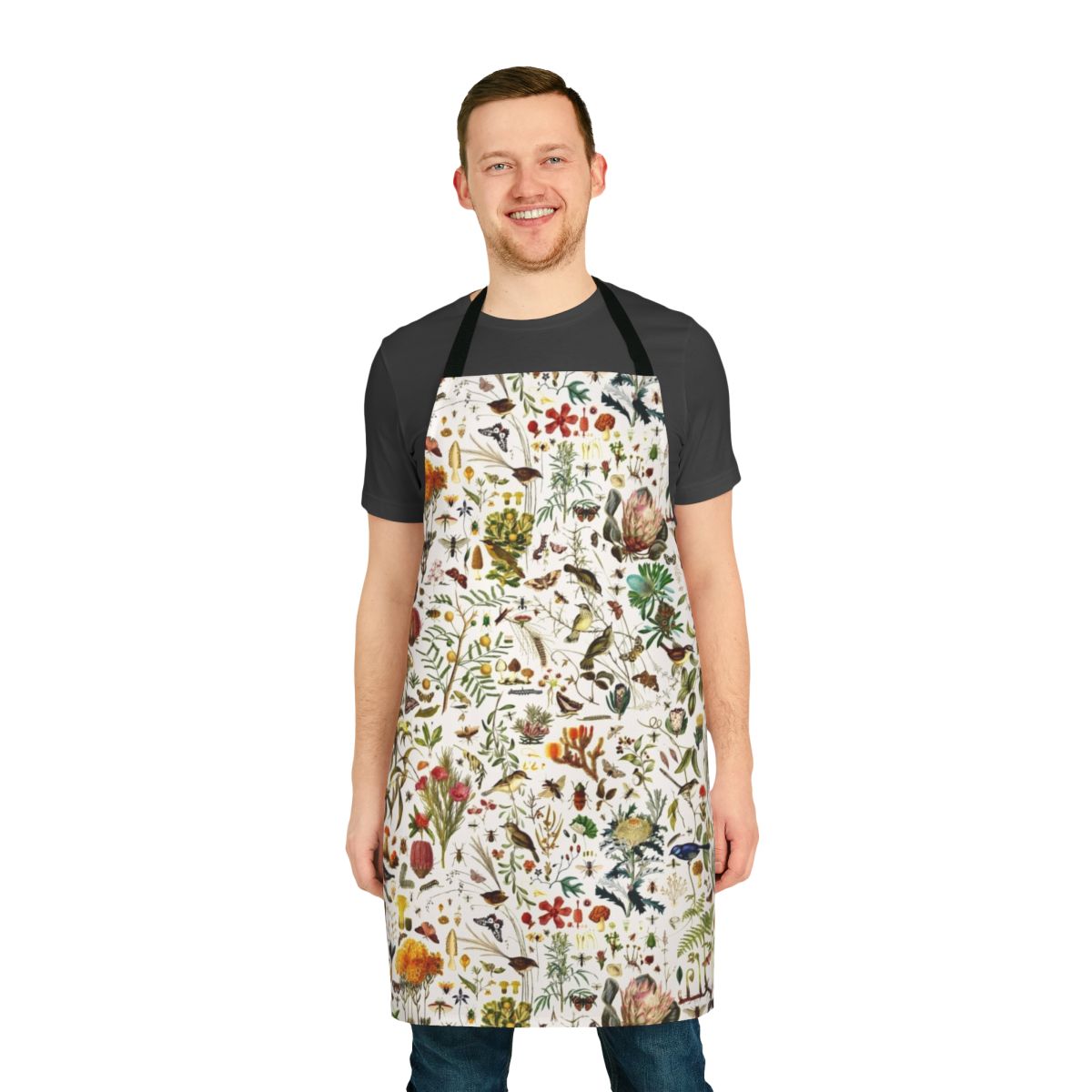 Vibrant Australian nature-inspired apron with detailed botanical and wildlife illustrations