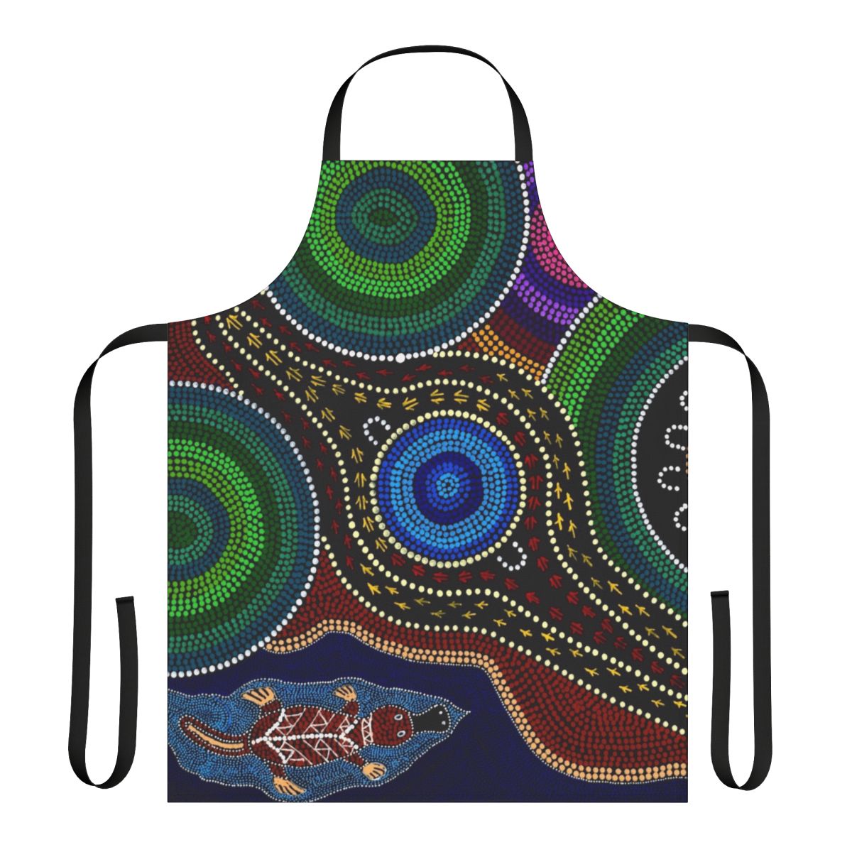 Colorful apron featuring a playful platypus design in traditional aboriginal dot painting style
