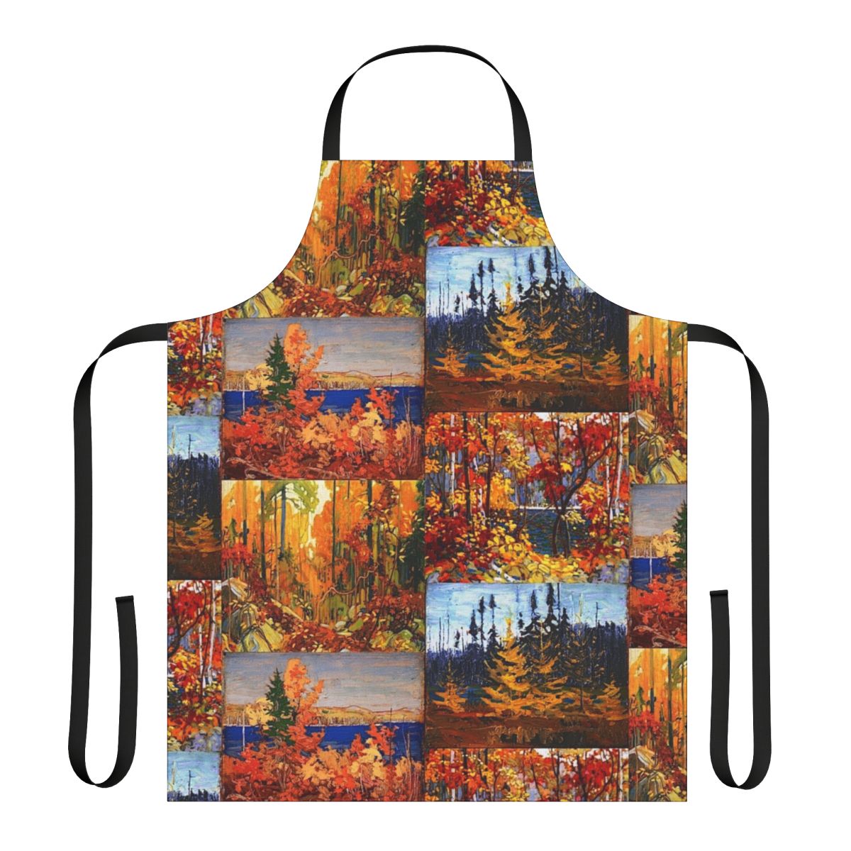 Colorful autumn apron featuring a collage of trees and foliage in the style of the Group of Seven Canadian painters.