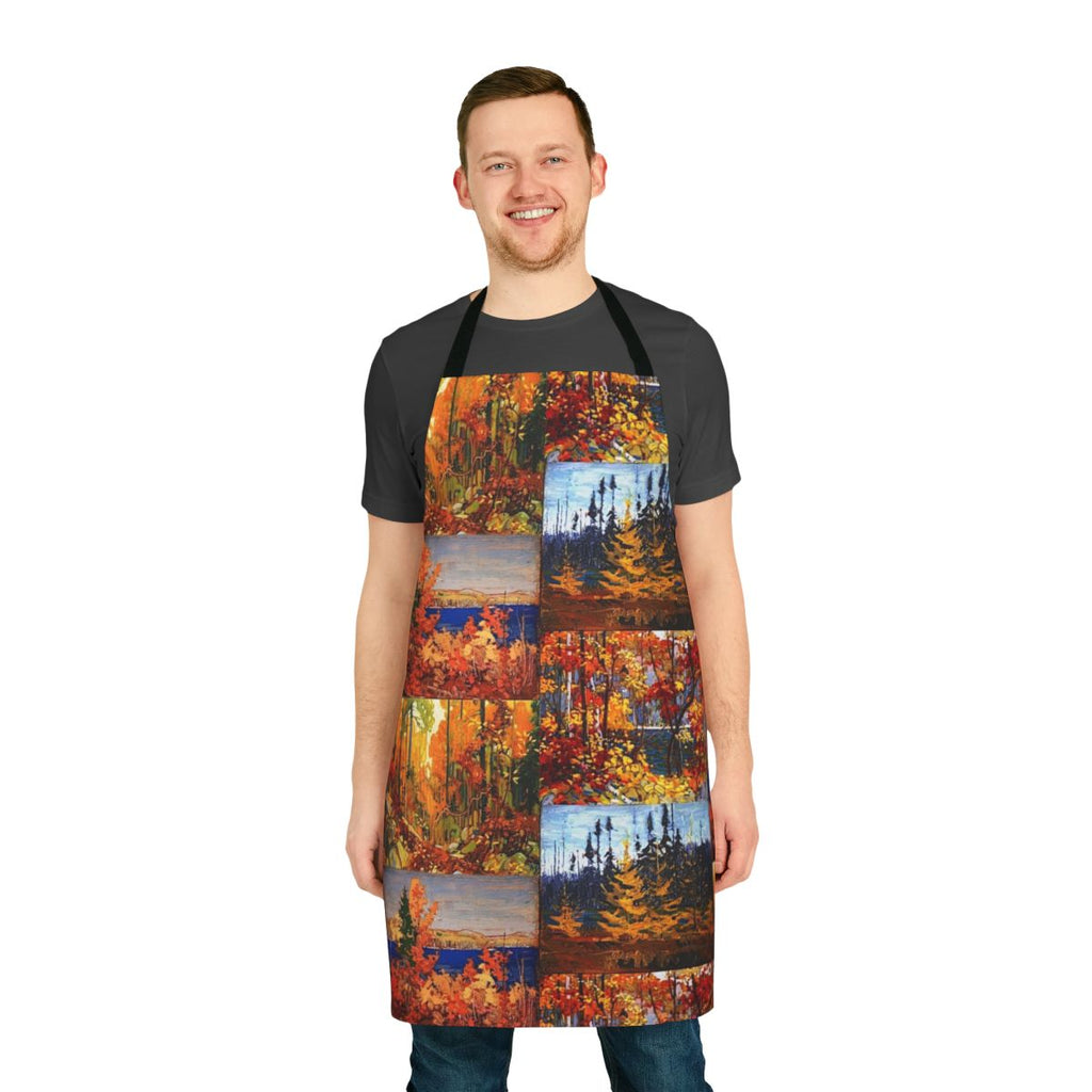 Colorful autumn apron featuring a collage of trees and foliage in the style of the Group of Seven Canadian painters.