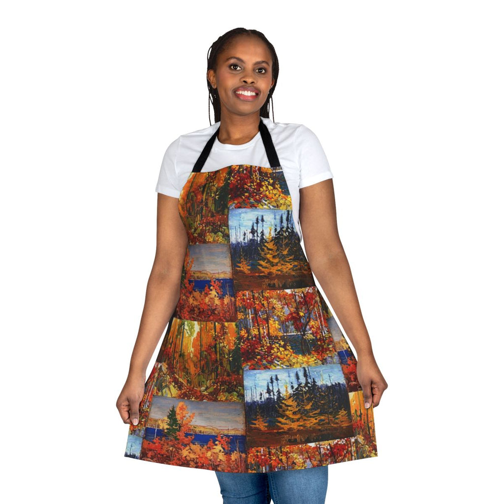 Colorful autumn apron featuring a collage of trees and foliage in the style of the Group of Seven Canadian painters.