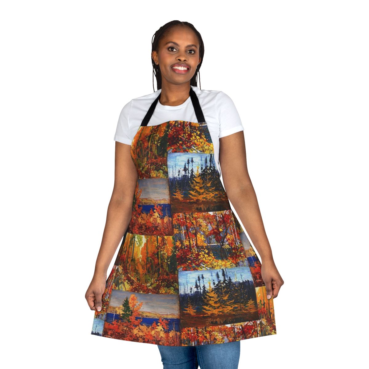Colorful autumn apron featuring a collage of trees and foliage in the style of the Group of Seven Canadian painters.