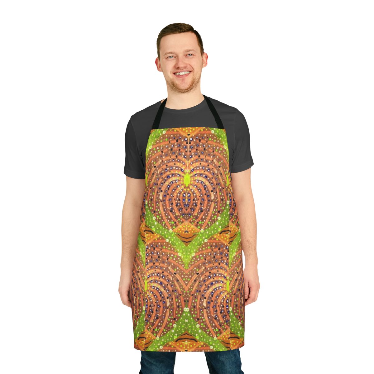 Vibrant autumn-themed apron with an abstract, organic pattern in warm fall colors