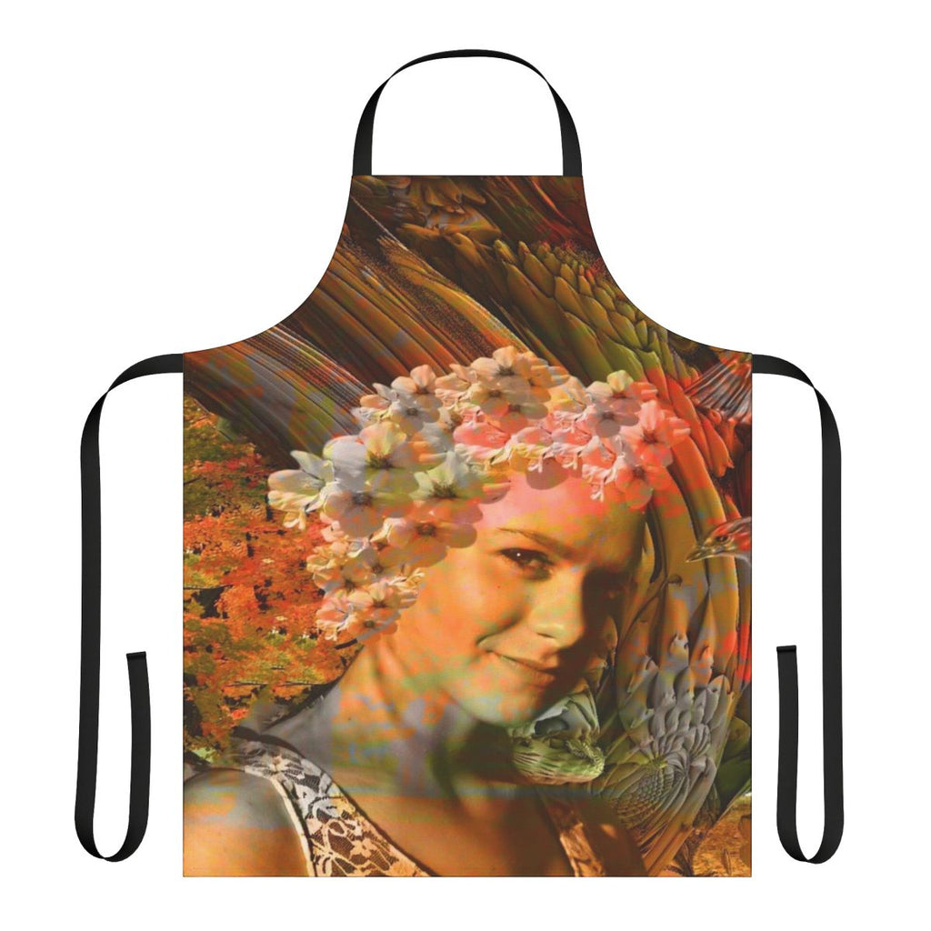 Colorful autumn-themed floral apron with abstract, nature-inspired patterns