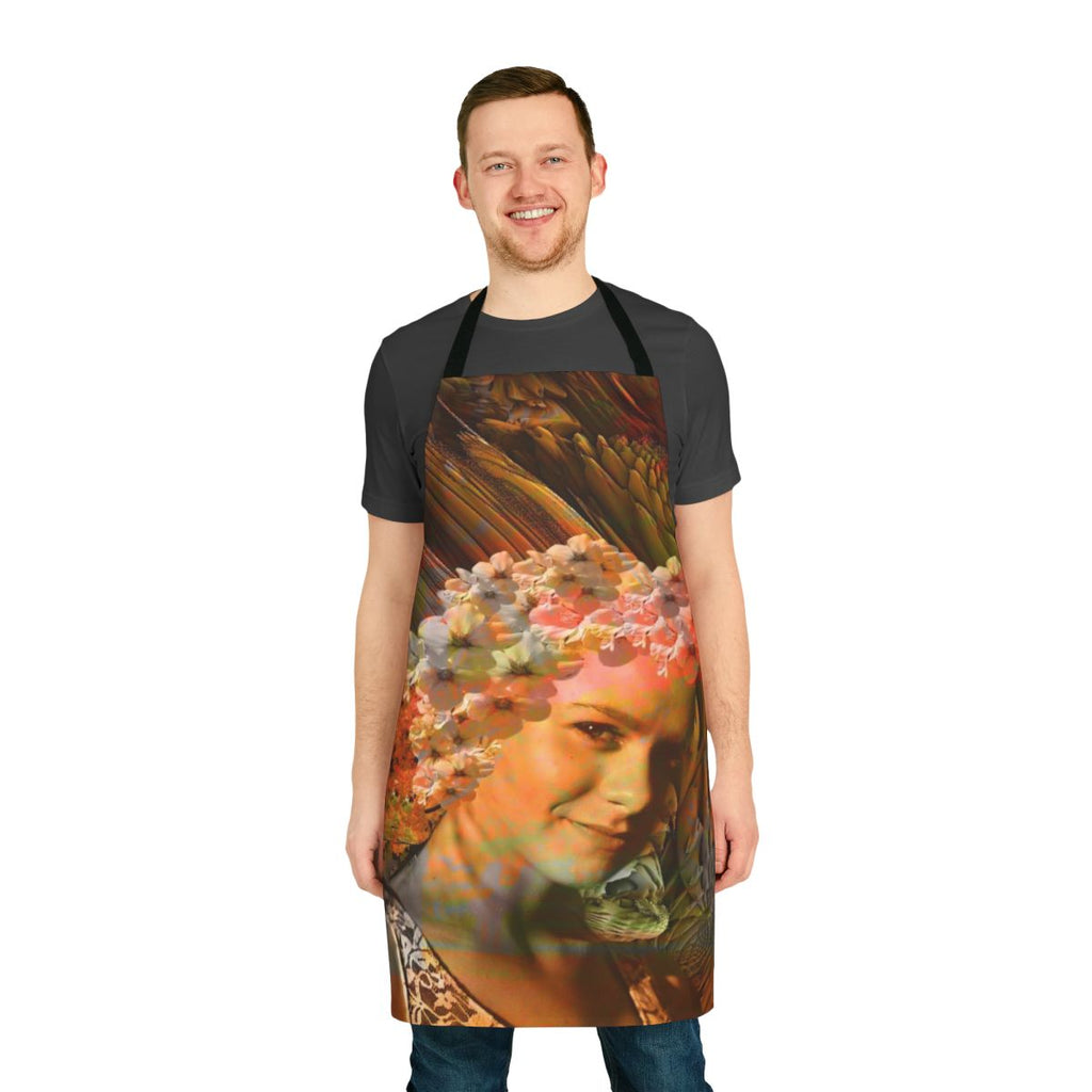Colorful autumn-themed floral apron with abstract, nature-inspired patterns