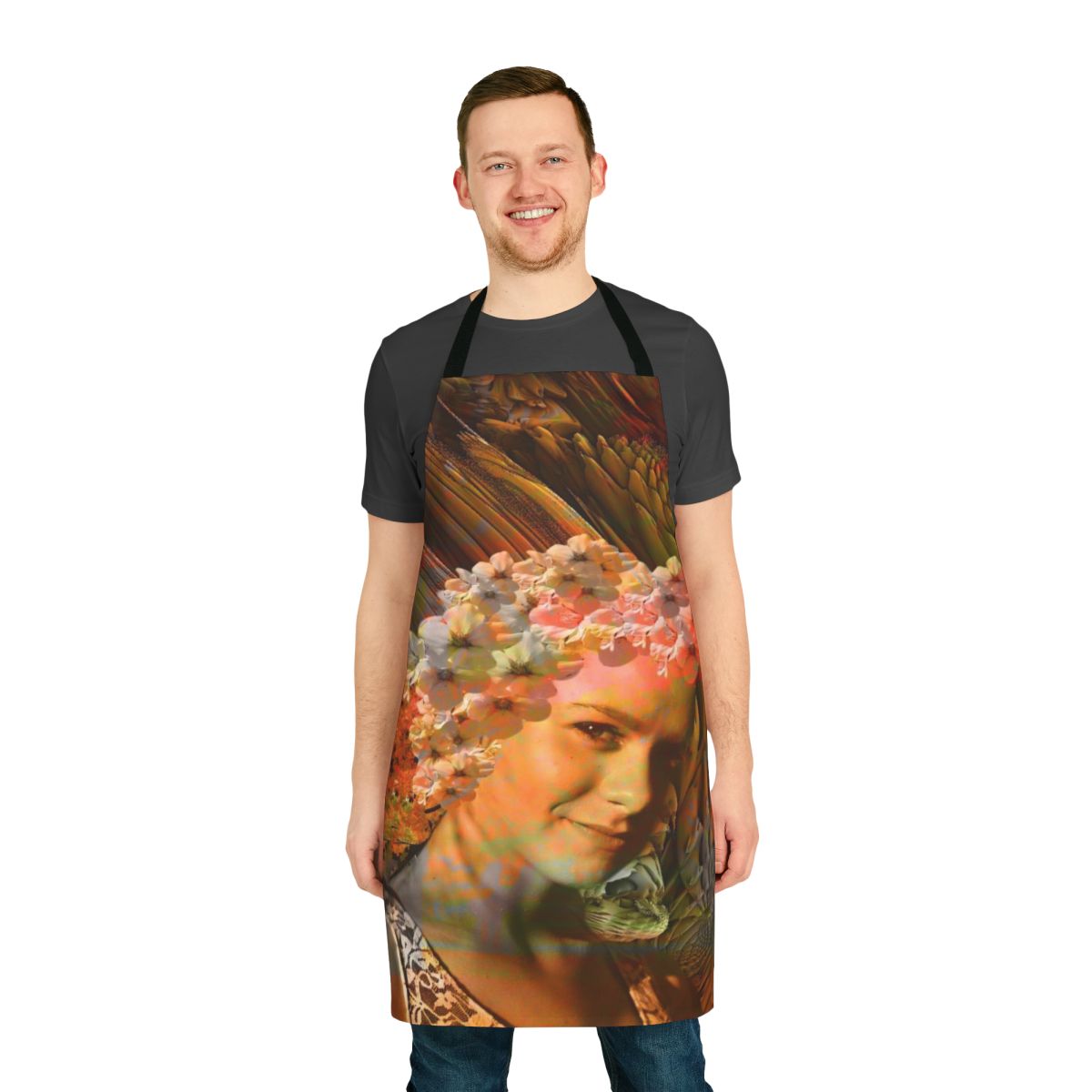 Colorful autumn-themed floral apron with abstract, nature-inspired patterns