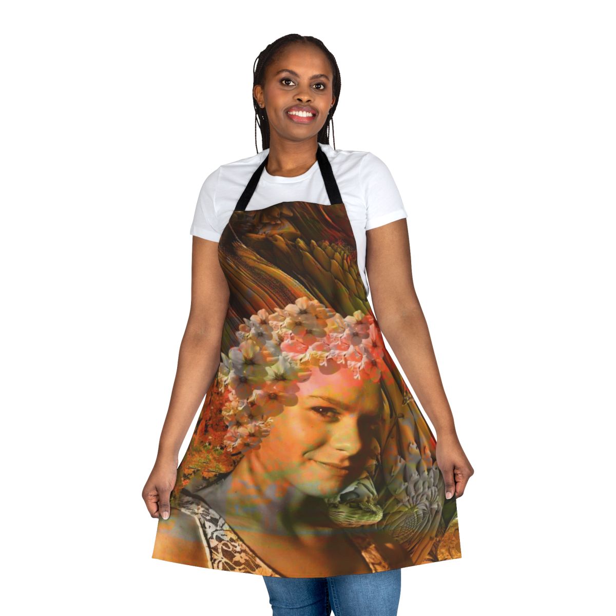 Colorful autumn-themed floral apron with abstract, nature-inspired patterns