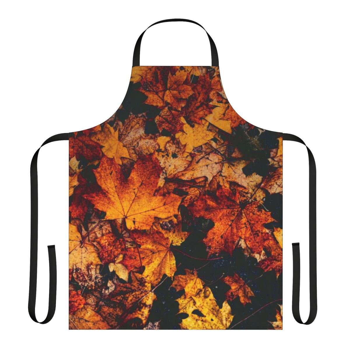 Autumn-inspired apron with vibrant orange, red, and yellow leaves