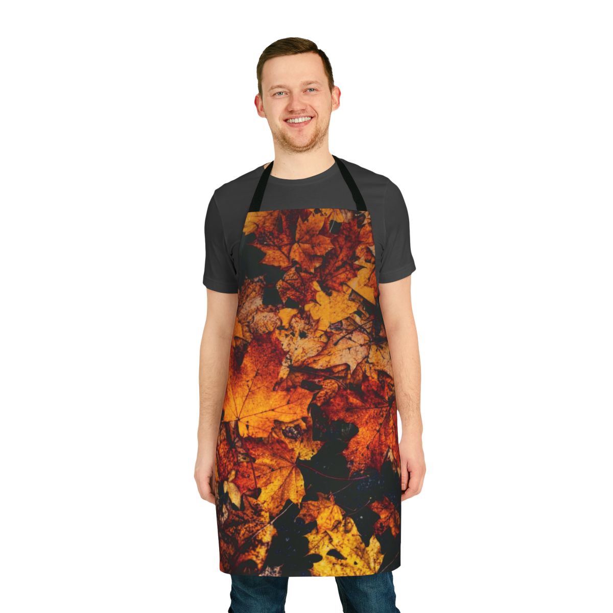 Autumn-inspired apron with vibrant orange, red, and yellow leaves