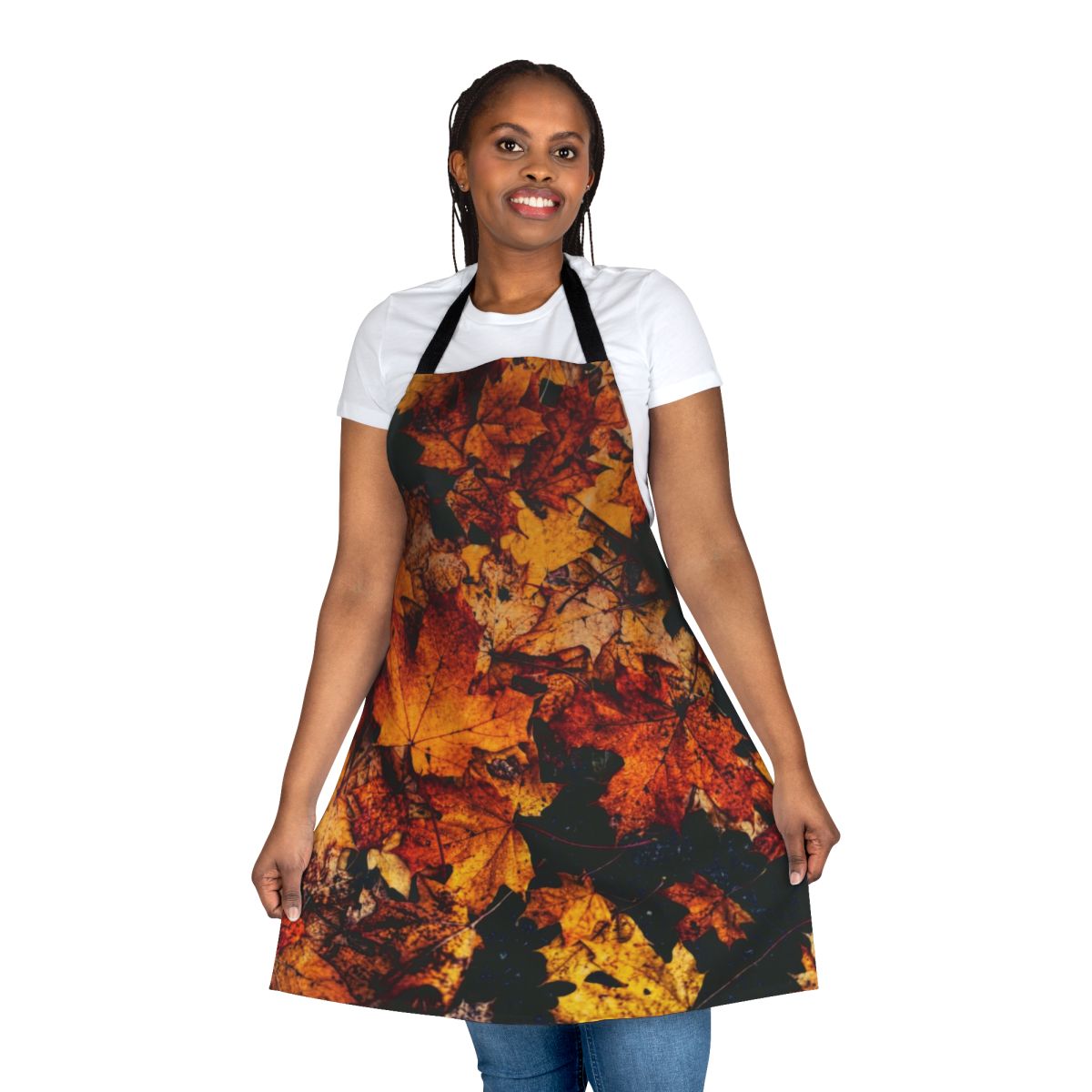 Autumn-inspired apron with vibrant orange, red, and yellow leaves