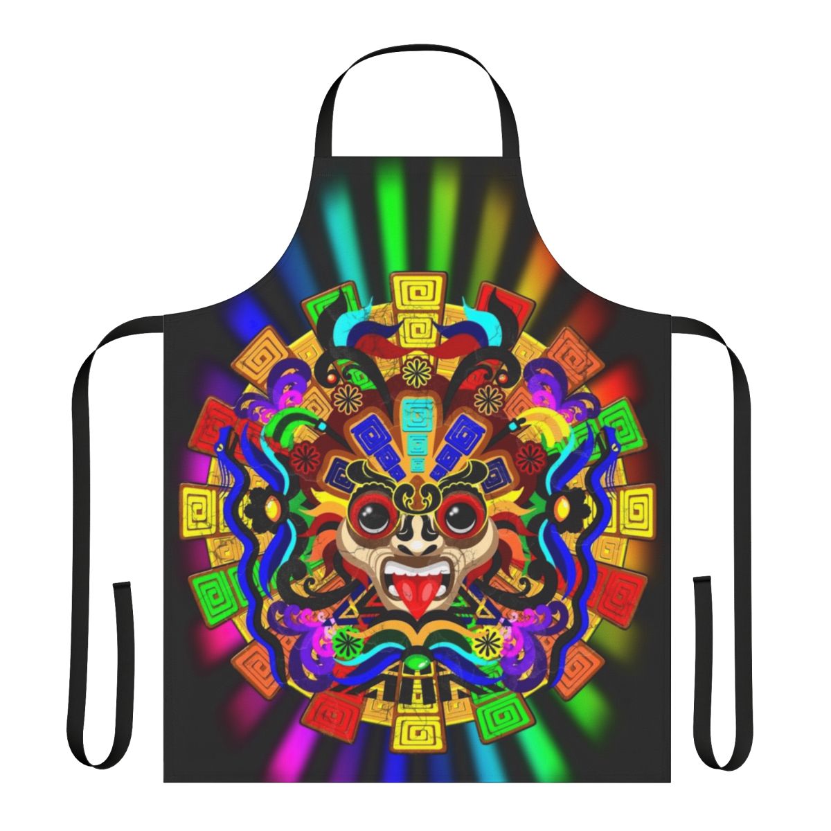 Colorful apron with an Aztec warrior mask design in rainbow hues
