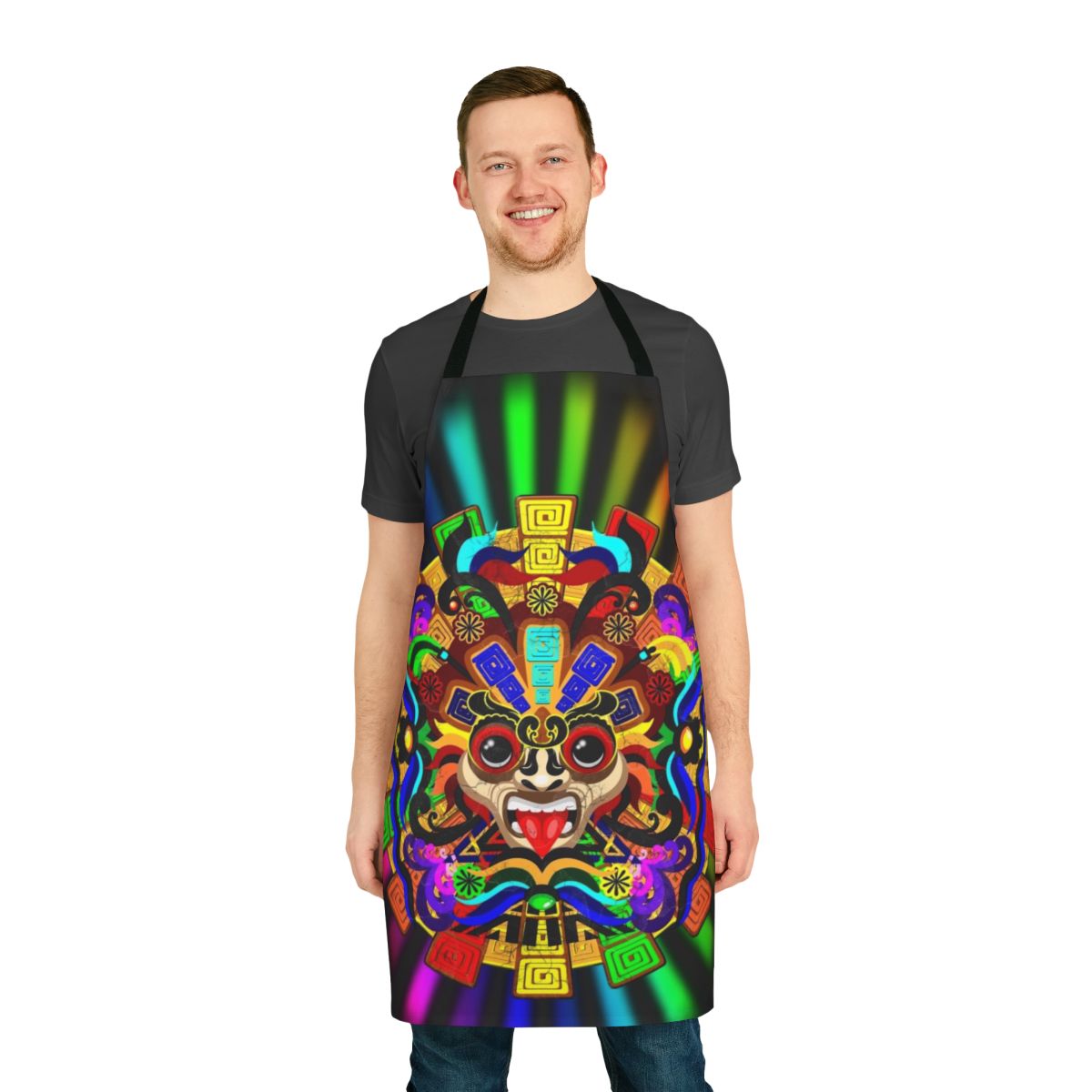 Colorful apron with an Aztec warrior mask design in rainbow hues