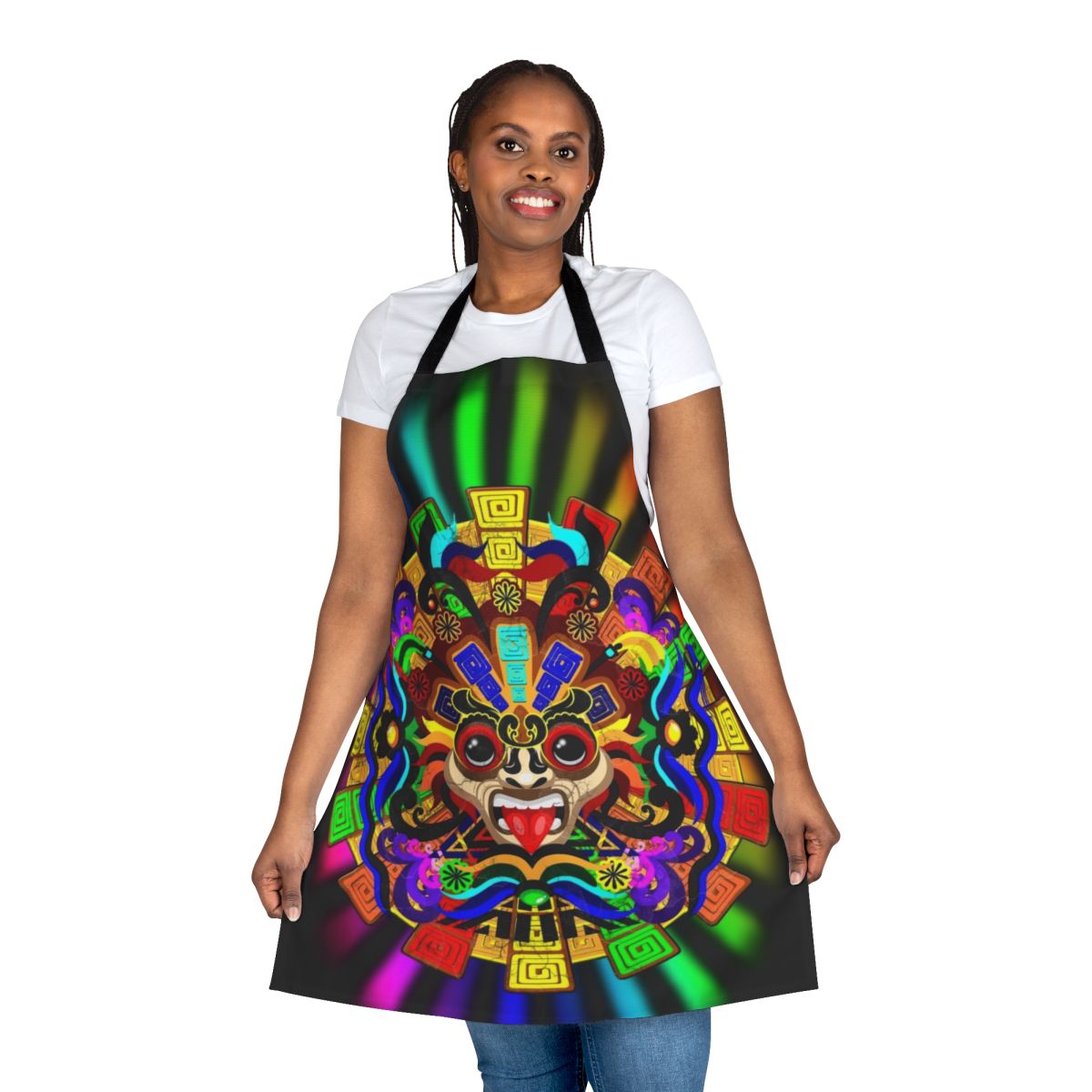 Colorful apron with an Aztec warrior mask design in rainbow hues