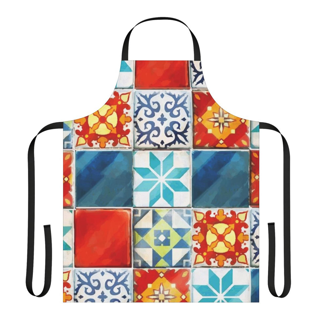 Colorful abstract mosaic design of Azulejos tiles from the board game Azul, printed on a high-quality kitchen apron.