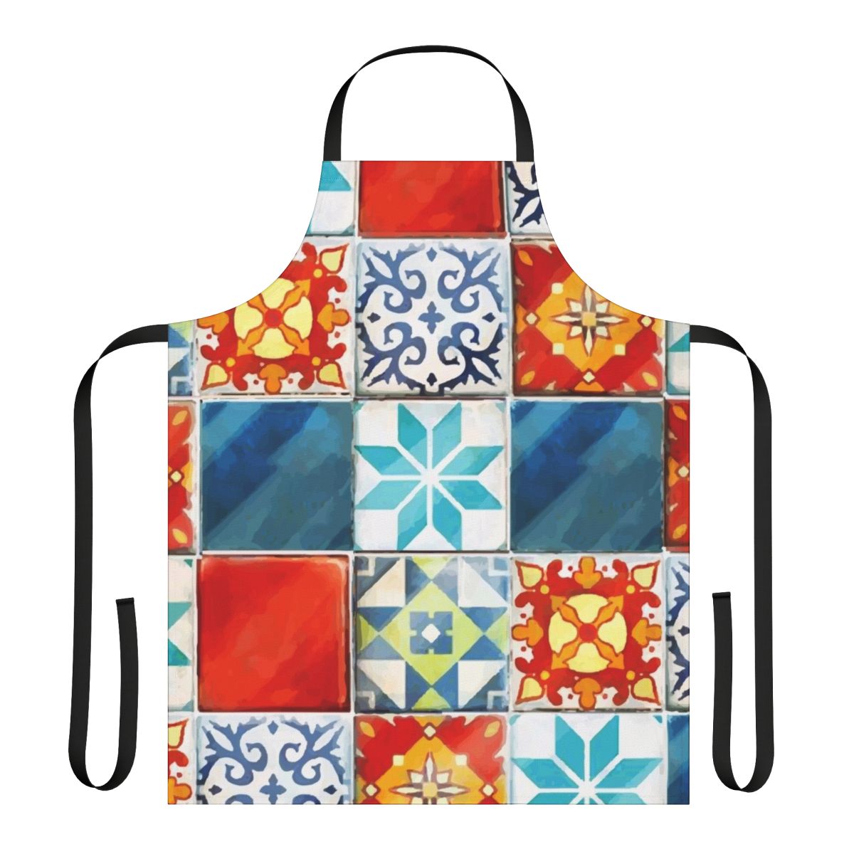 Colorful abstract mosaic design of Azulejos tiles from the board game Azul, printed on a high-quality kitchen apron.