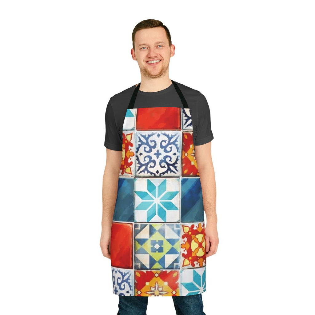 Colorful abstract mosaic design of Azulejos tiles from the board game Azul, printed on a high-quality kitchen apron.