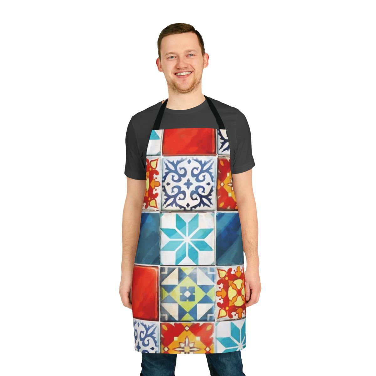 Colorful abstract mosaic design of Azulejos tiles from the board game Azul, printed on a high-quality kitchen apron.