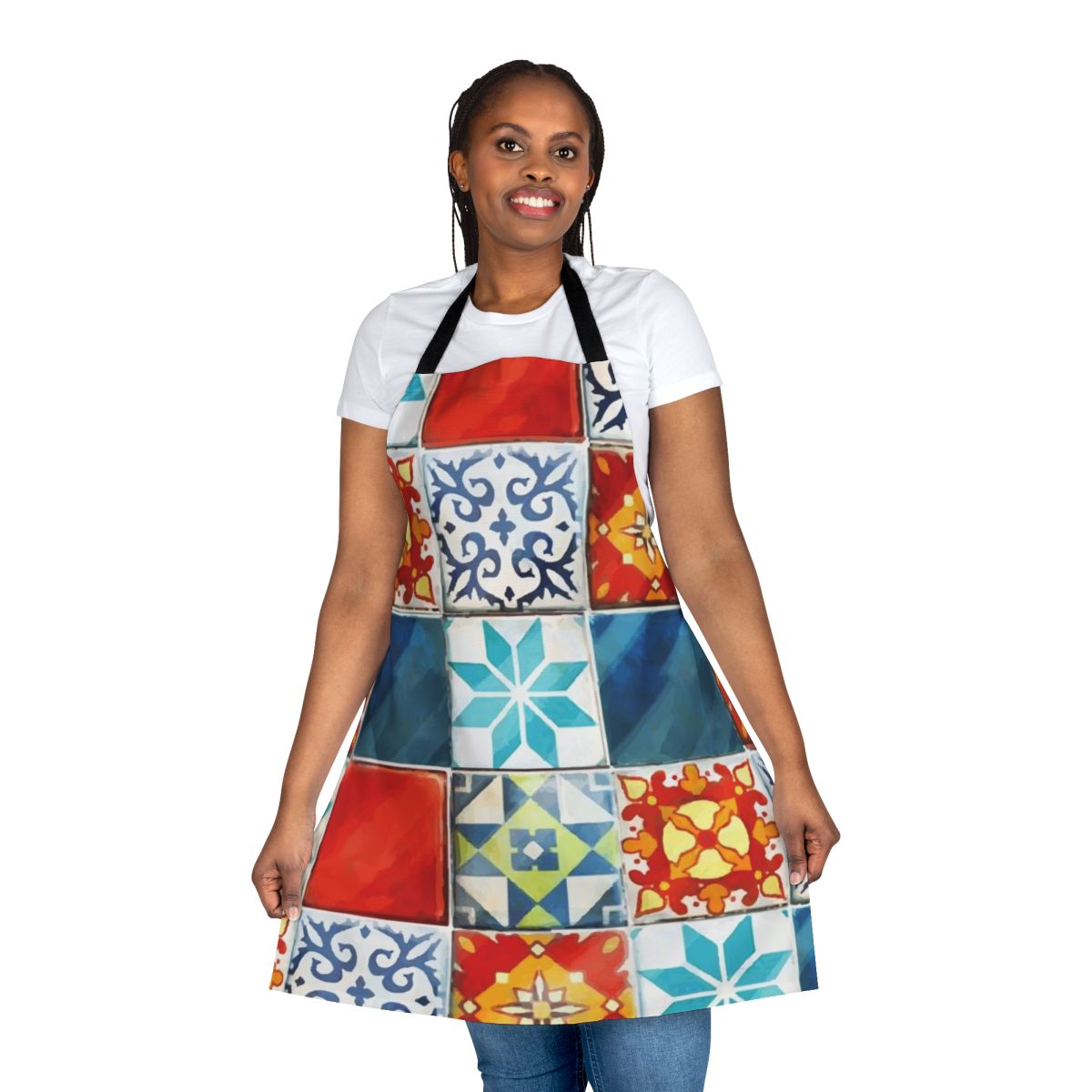 Colorful abstract mosaic design of Azulejos tiles from the board game Azul, printed on a high-quality kitchen apron.