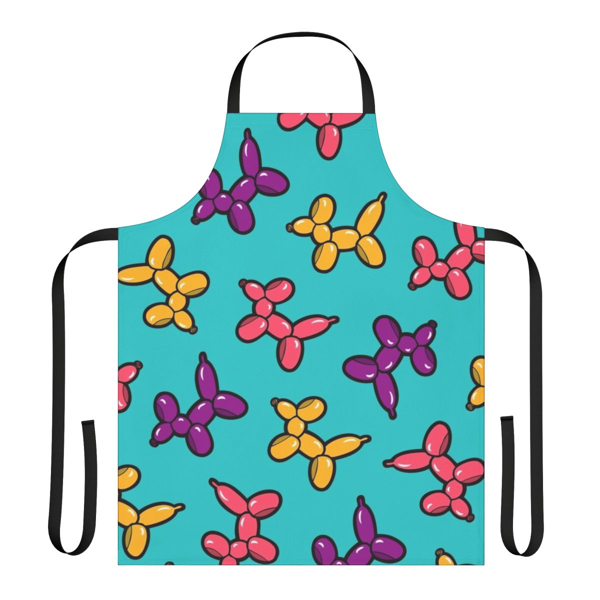Illustration of colorful balloon animal dogs in a repeating pattern on a blue apron