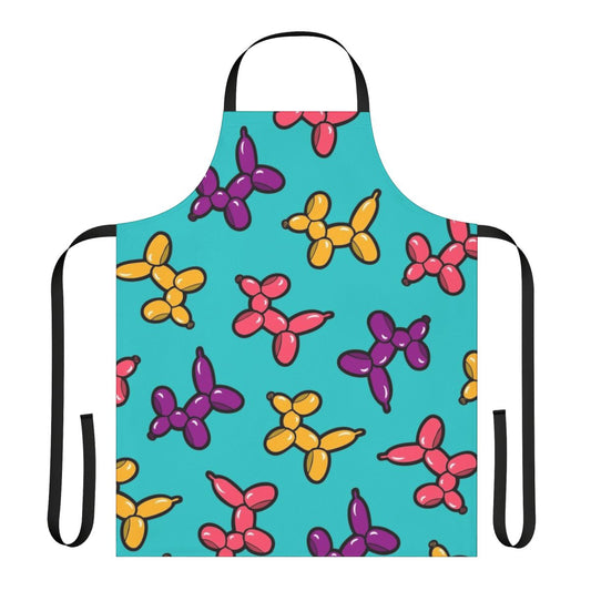 Illustration of colorful balloon animal dogs in a repeating pattern on a blue apron