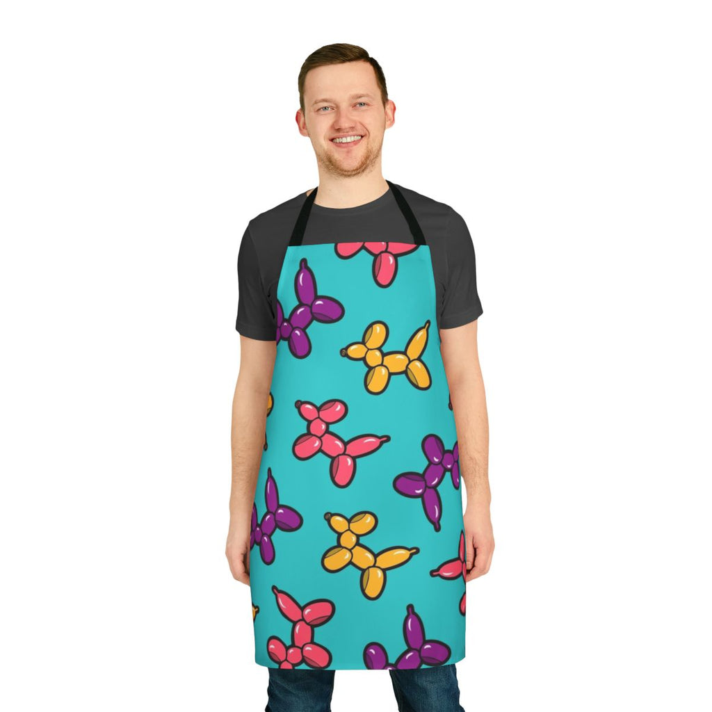 Illustration of colorful balloon animal dogs in a repeating pattern on a blue apron