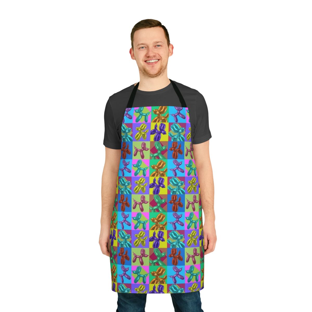 Colorful pop art inspired balloon dog design on a durable kitchen apron