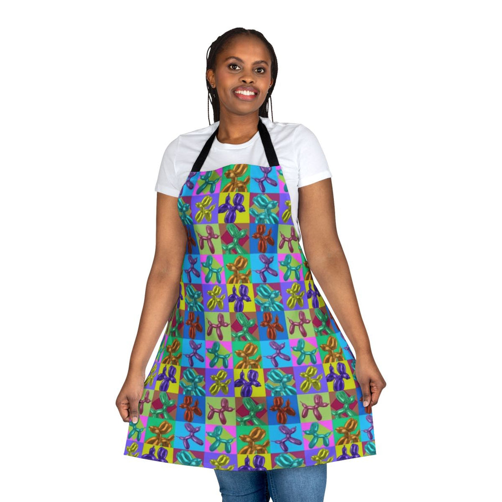 Colorful pop art inspired balloon dog design on a durable kitchen apron