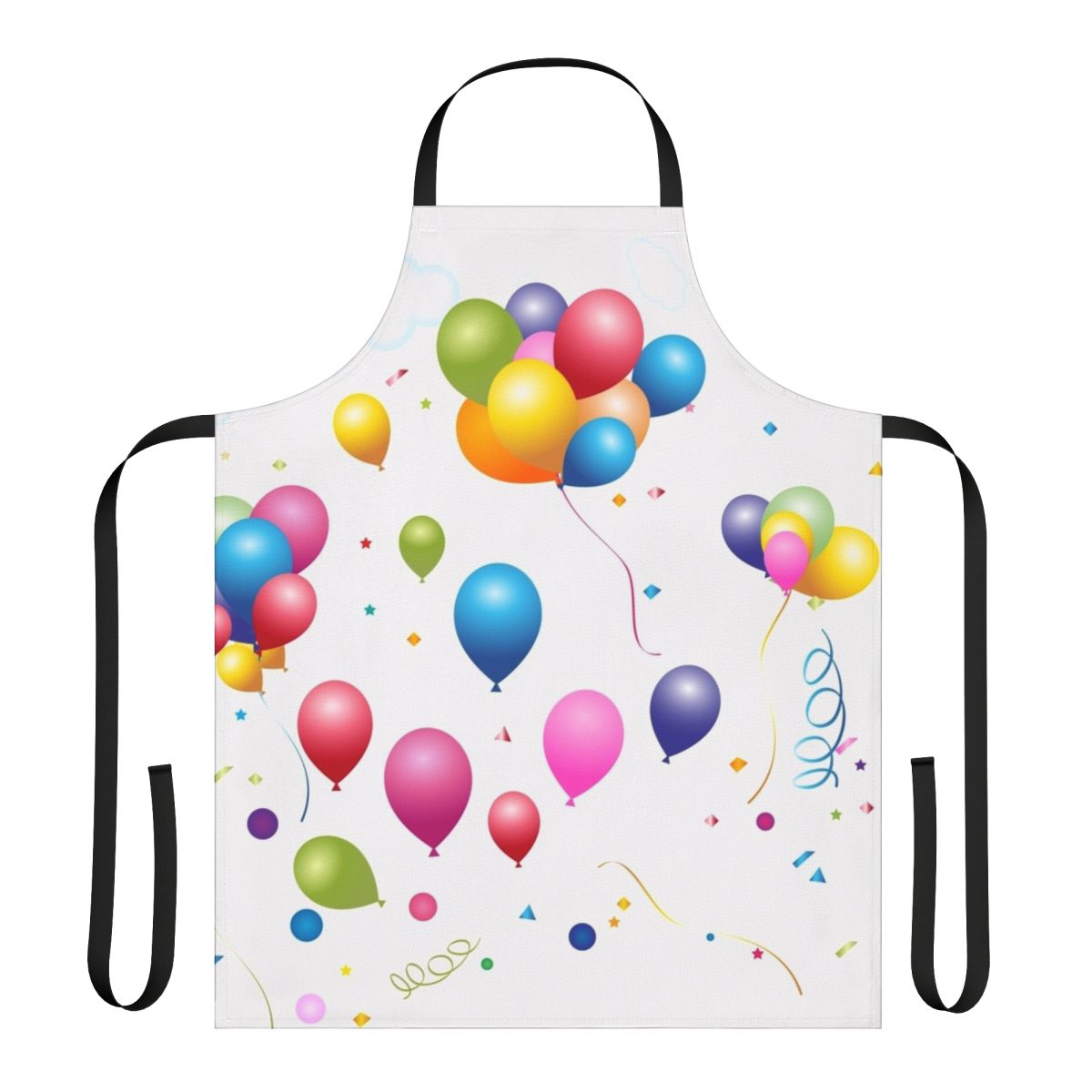 Colorful apron featuring whimsical balloon design, perfect for birthday parties and celebrations