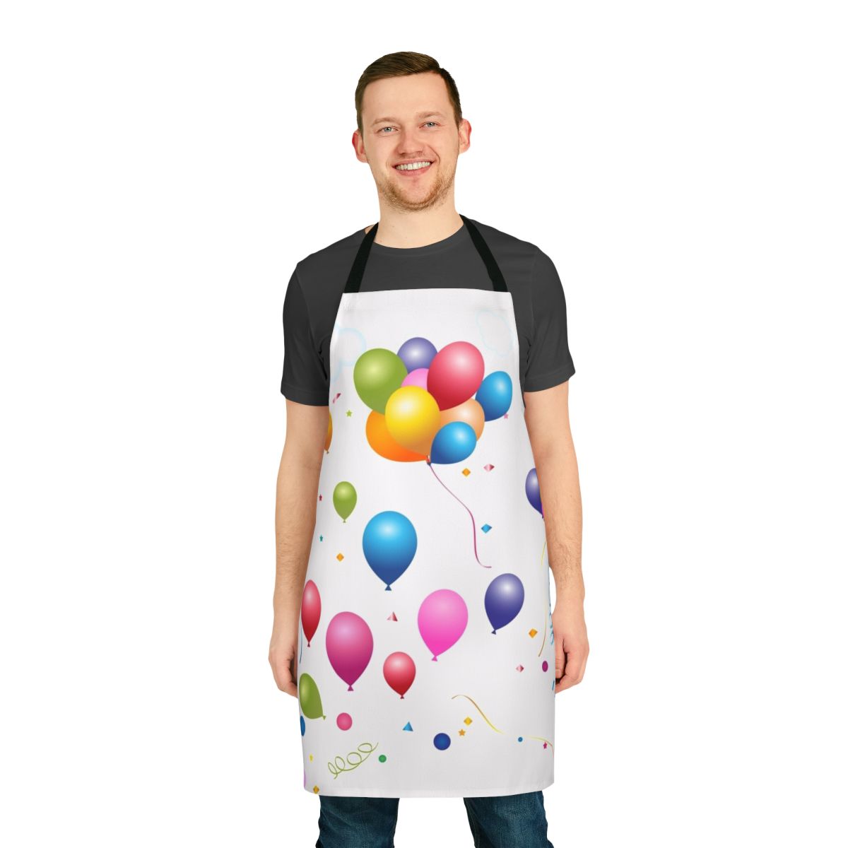Colorful apron featuring whimsical balloon design, perfect for birthday parties and celebrations