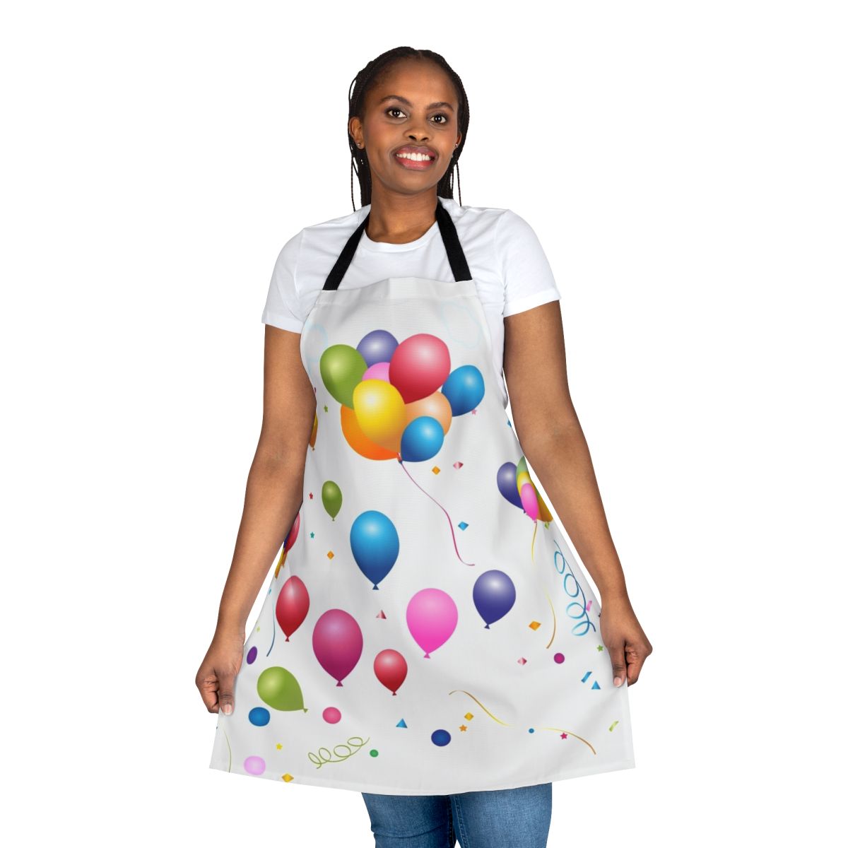 Colorful apron featuring whimsical balloon design, perfect for birthday parties and celebrations