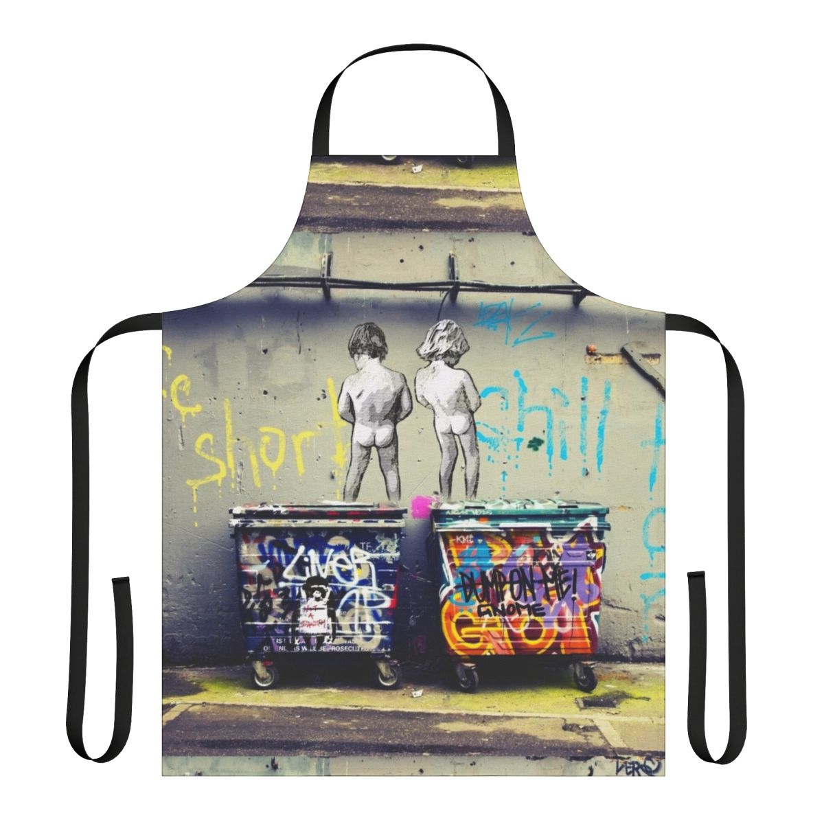 Banksy-inspired colorful apron with a "Chill the Duck Out" graffiti-style graphic