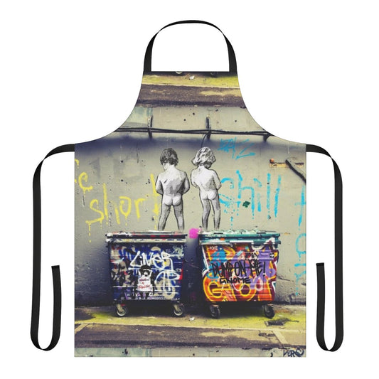 Banksy-inspired colorful apron with a "Chill the Duck Out" graffiti-style graphic