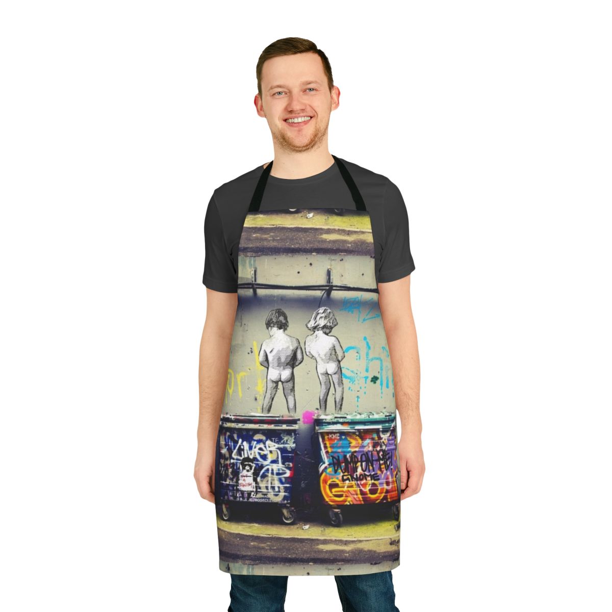 Banksy-inspired colorful apron with a "Chill the Duck Out" graffiti-style graphic