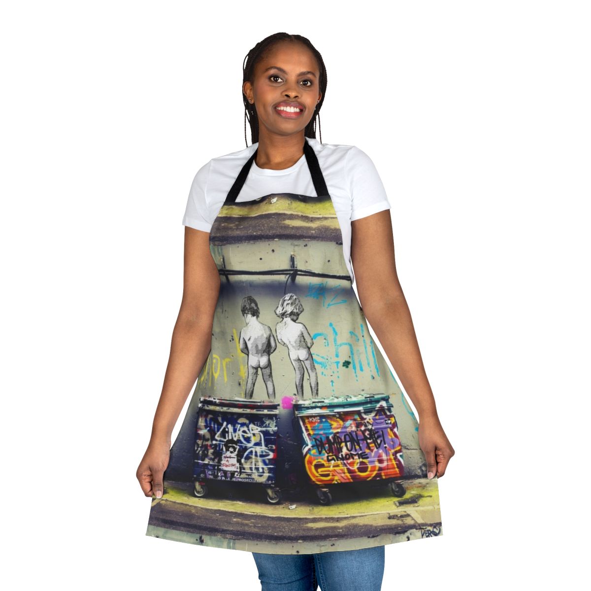 Banksy-inspired colorful apron with a "Chill the Duck Out" graffiti-style graphic