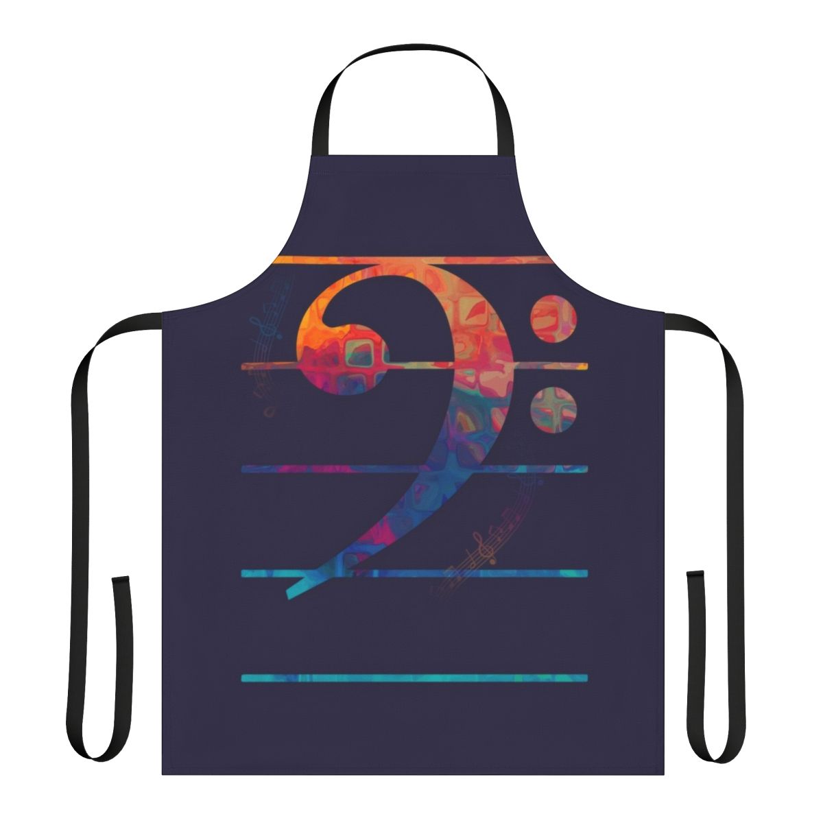 Colorful apron featuring a bold, stylized bass clef design