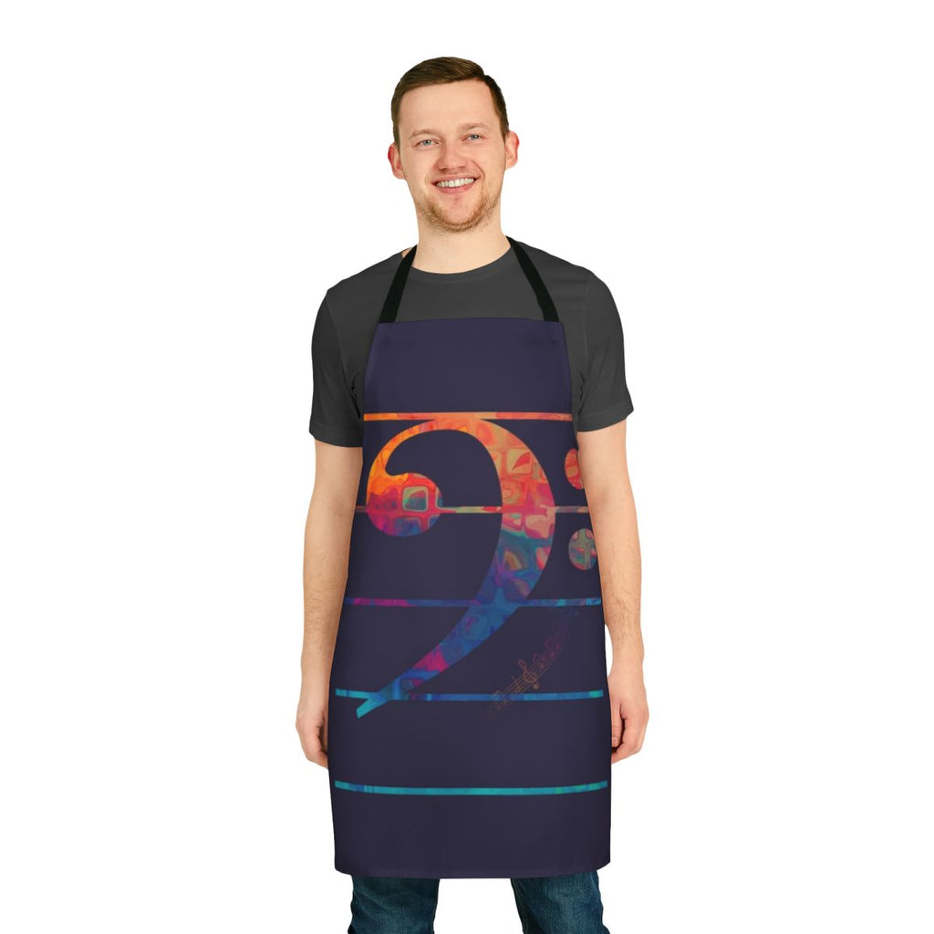 Colorful apron featuring a bold, stylized bass clef design