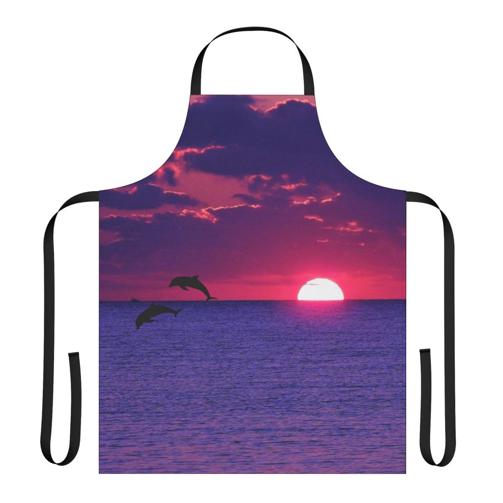 Apron with a beautiful, colorful beach sunset scene featuring a pink and purple sky, ocean horizon, and dolphin silhouette