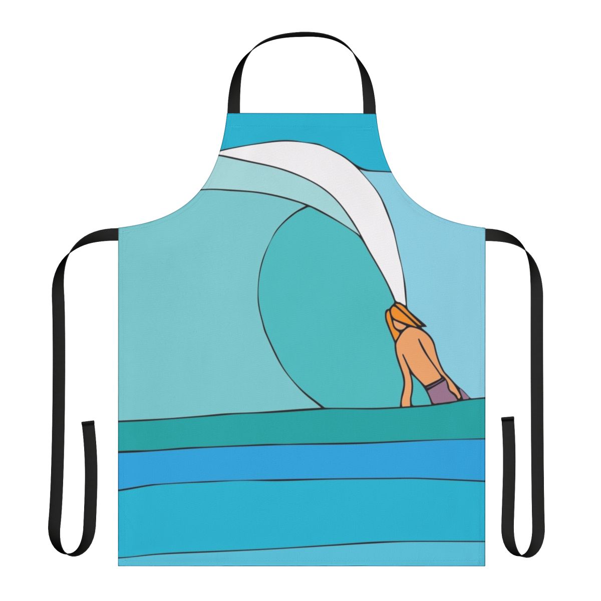 Colorful apron featuring a sketch-style design of a surfboard and ocean waves crashing below the sea level
