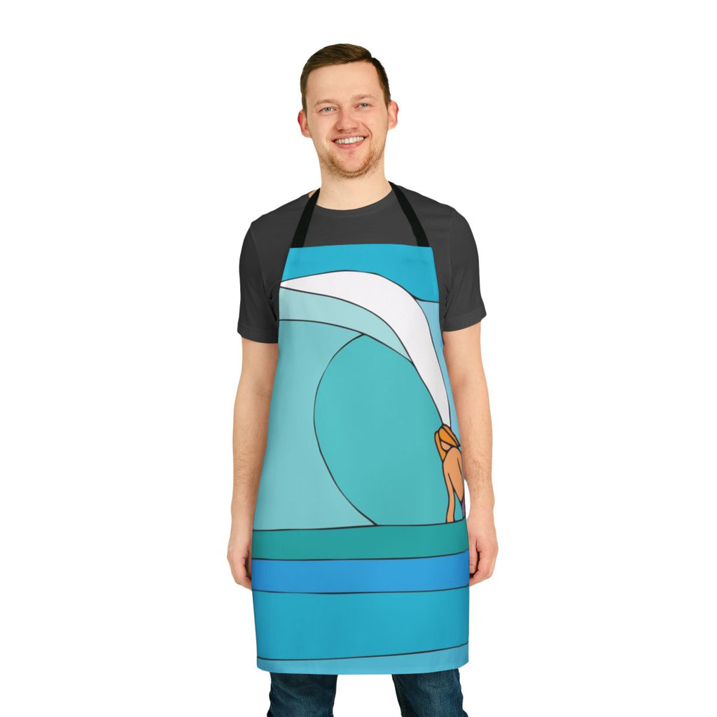 Colorful apron featuring a sketch-style design of a surfboard and ocean waves crashing below the sea level